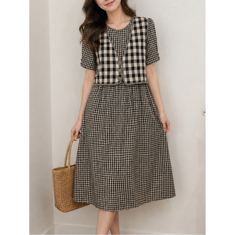 J.B.S. Ltd Vintage Gingham Midi Dress Navy Blue Check Faux Vest Cottagecore S